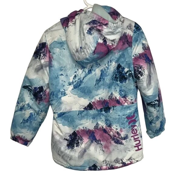 Hurley Girls Winter Jacket Blue/Pink Mountain Print Hooded Full Zip Size L - Picture 2 of 2